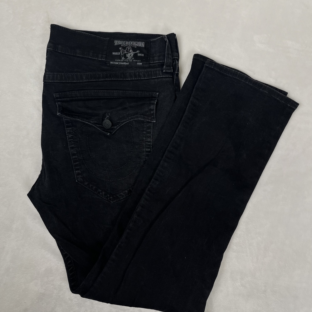 True Religion Straight Flap SN Jeans Mens 42x34 Black Stretch Denim Dark Wash